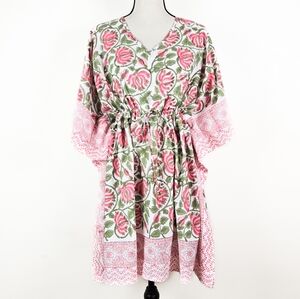 NWT Sevya Handmade Block-Printed Cotton Caftan, Green & Pink Lotus